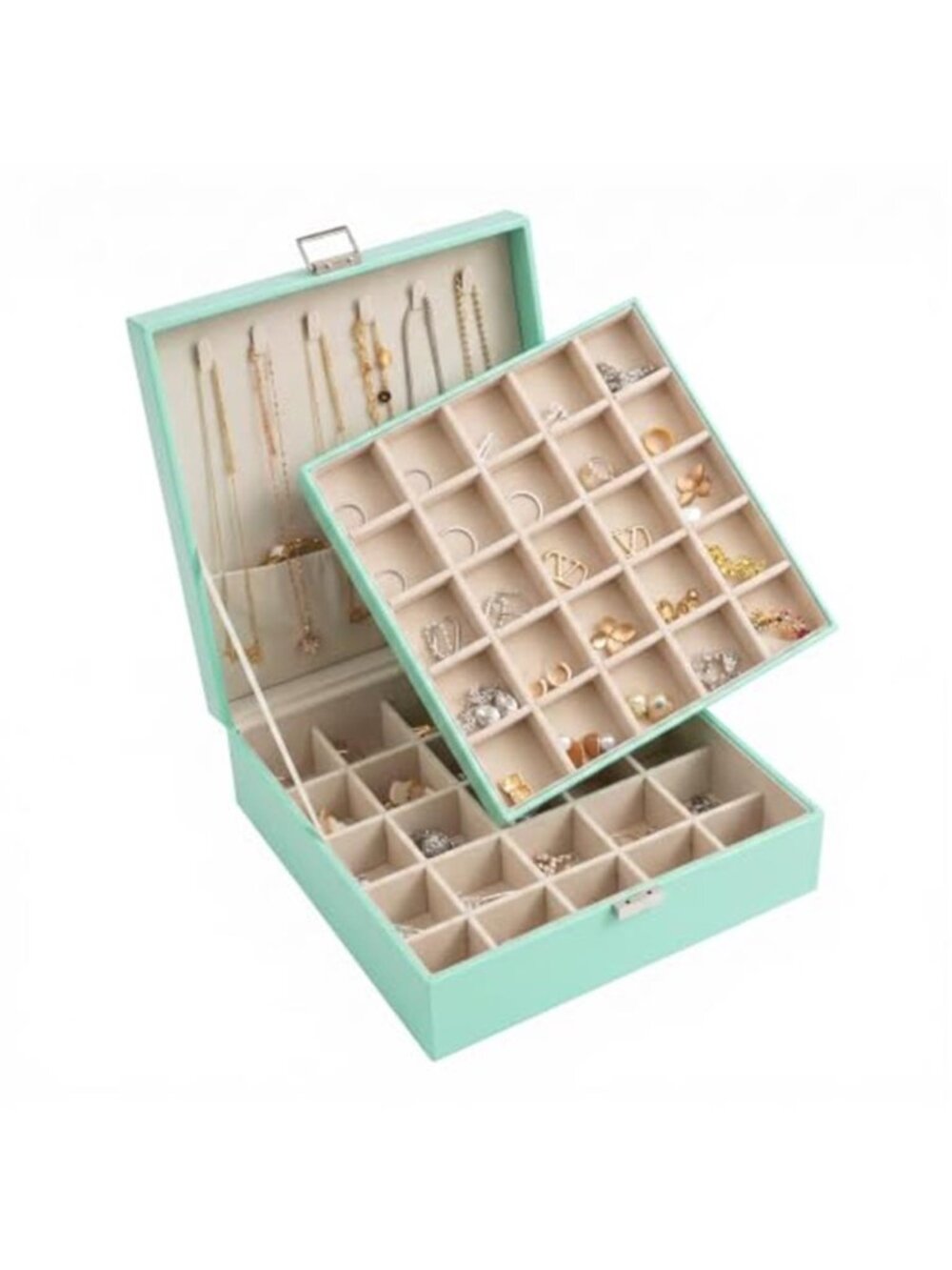Turquoise Jewelry Box Organizer Large 2 Layer Lockable Storage Case With Mirror